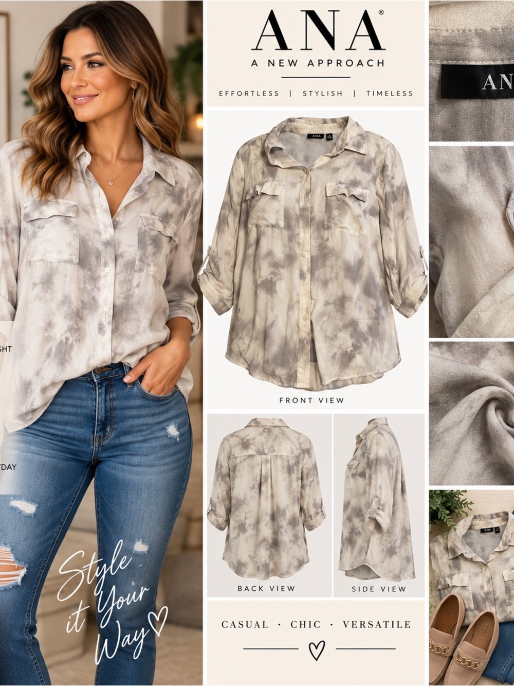 a.n.a Taupe and Gray Tie-Dye Button-Up Blouse